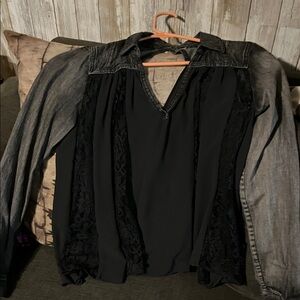 Stylish Denim & Sheer Black Lace Top